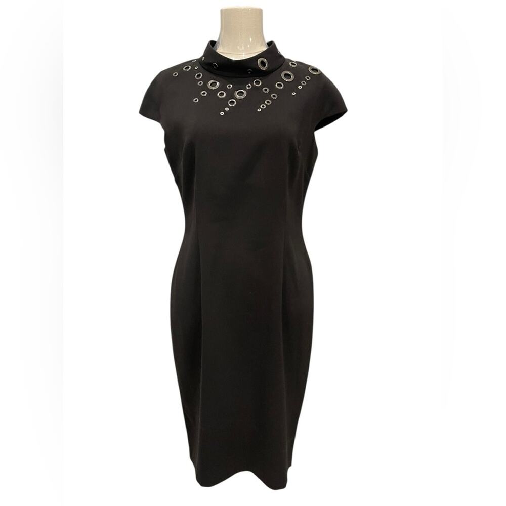 Womens Size 6 St. John Black Grommet Detail Funnel Neck Sheath Dress